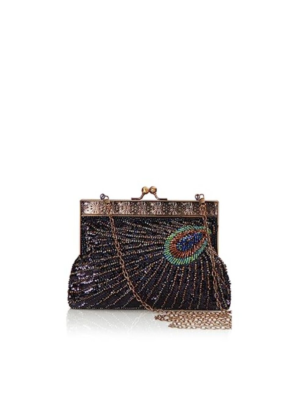 Beaded Peacock Clutch Sequined Evening Handbag with Detachable Chains